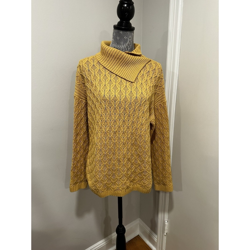 Jeanne Pierre Large Yellow Mixed Cable Knit Cowl Neck Sweater Pullover Sweater